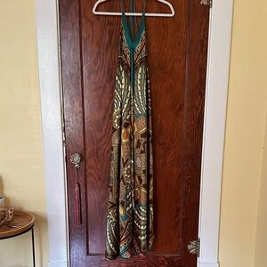 Geometric Satin Patterned Asymmetrical / Hi-Low Maxi Dress